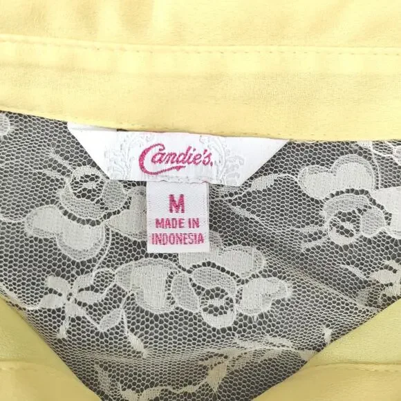 Candie's Y2K Romantic Lace Sheer Tie Front Button Tab Sleeve Top Butter Yellow M - Picture 5 of 10